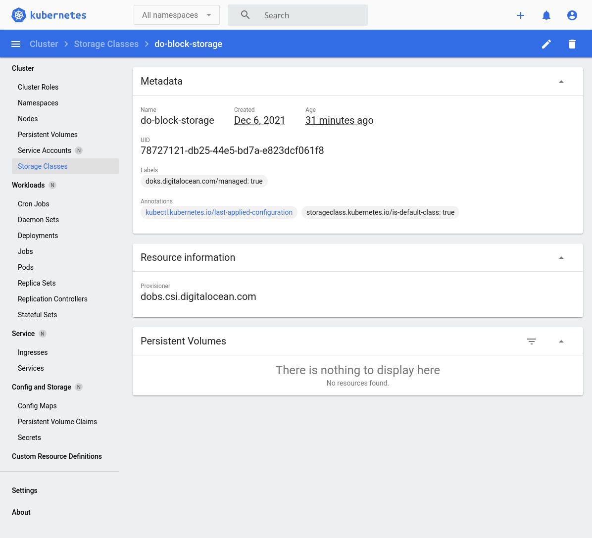 Kubernetes dashboard Digital Ocean Block Storage class