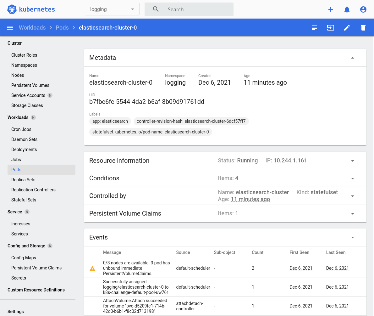 Kubernetes dashboard unbounded immediate PersistentVolumeClaims warning