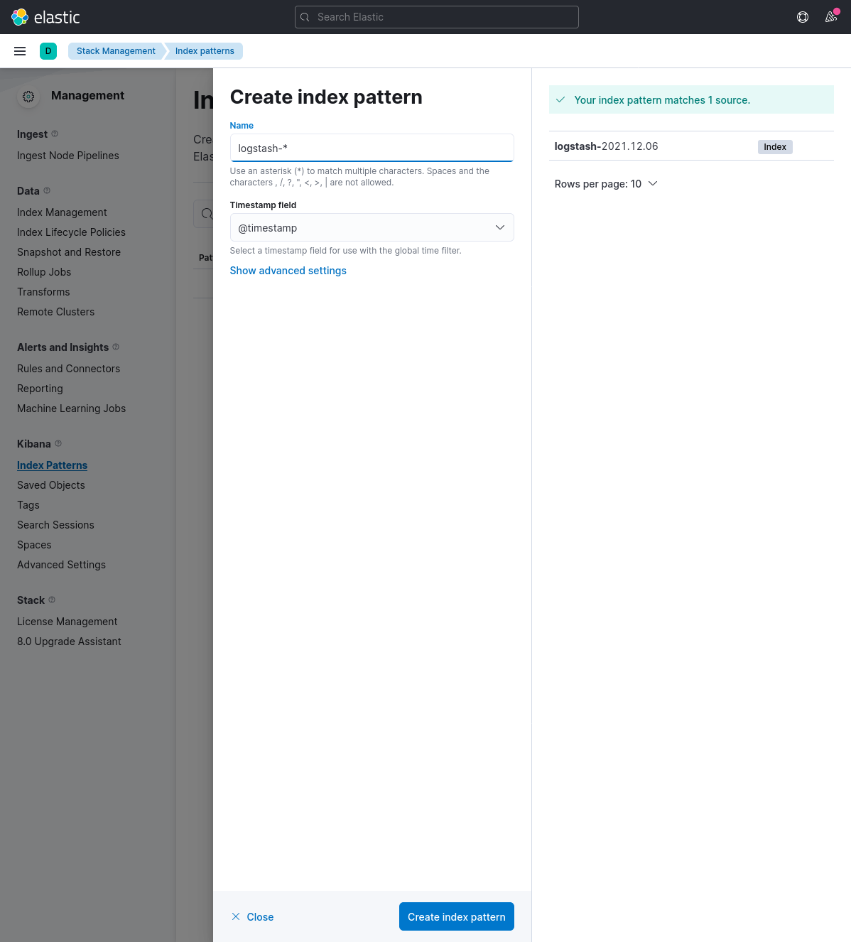 Kibana create index pattern details page